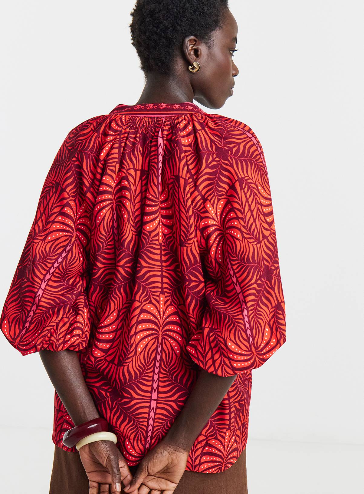 JD WILLIAMS Collarless Puff Sleeve Top Red Palm Print 20 - Image 2